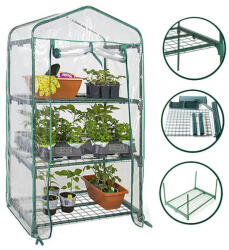  Mini fóliasátor, 126×69×49 cm, átlátszó, 3 polcos, fém váz, PVC ponyva, cipzáras ajtó, könnyű összeszerelés, erkélyre, teraszra és kertbe (HOP1001045-1)
