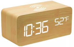 XPRO Digitális ébresztőóra vezeték nélküli QI töltővel bambusz 5W (121933) - xpro