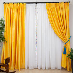 Hiko Set 4 piese Hiko pentru copii, doua draperii COMFY catifea galbena si perdele Ana voal alb cu pom pom, cu rejansa (10005229)