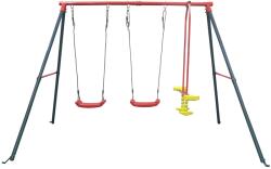  Kerti fémvázas hintaállvány két piros ülőkével és sárga-piros libikókával, 290 x 180 x 200 cm