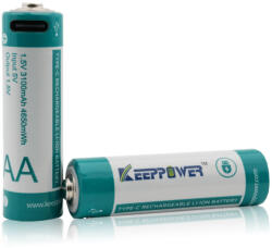 KeepPower AA 2500mAh 3750mWh 1, 5V Li-Ion akku beépített USB-C töltővel 2 db