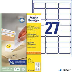 Avery-Zweckform Etikett, univerzális, eltávolítható, 63, 5x29, 6 mm, AVERY ZWECKFORM, 2700 etikett/csomag (L4737REV-100) - alter