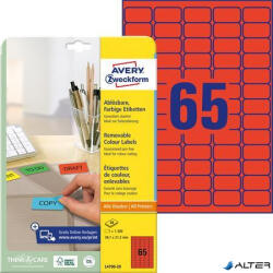 Avery-Zweckform Etikett, univerzális, 38, 1x 21, 2mm, eltávolítható, kerekített sarkú, AVERY ZWECKFORM, 1300 etikett/csomag, piros (L4790-20) - alter