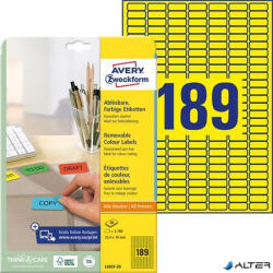 Avery-Zweckform Etikett, univerzális, 25, 4x10 mm, eltávolítható, kerekített sarkú, AVERY ZWECKFORM, 3780 etikett/csomag, sárga (L6037-20) - alter