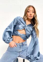 Missguided Szatén Felső, Size 42, kék, hosszú ujjú, ráncolás, minta nélküli (266575)