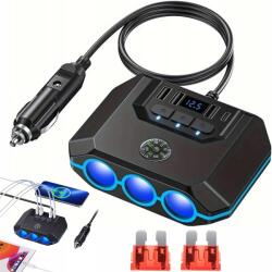 Bedee Tápkábel Autós szivargyújtó Feszültség kijelző, 4 USB, 3 aljzat, 120W (Zapalniczka samochodowa TR52)