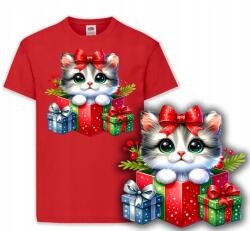  Gyerek Póló Piros Karácsonyi Cica Ajándék 3XS 92cm (KOSZULKA Z NADRUKIEM CZERWONA)