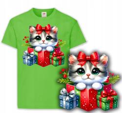  Gyerek Póló Zöld Karácsonyi Cica Ajándék XL 164cm (KOSZULKA Z NADRUKIEM zielona)