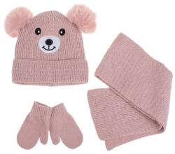 Welora Szett fejfedő kesztyűvel és sállal, mackó mintás, poliészter, 9 hónapos kortól, rózsaszín, gyermekeknek (JM1241903)