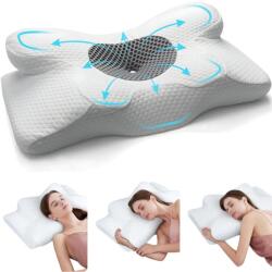 Linomag Cervikális Ortopéd Párna Alváshoz Linomag, Memory Hab, Pillangó Formájú, Mosható Huzat, Támogatás Fejnek, Nyaknak, Vállaknak és Karoknak, 34 x 60 x 13 cm, Fehér/Sötétszürke (pdagi)