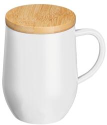 Termosz bögre 300ml rozsdamentes acél, fogantyúval, bambusz fedéllel, fehér 8x12, 2 cm