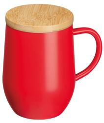  Termosz bögre 300ml rozsdamentes acél, fogantyúval, bambusz fedéllel, piros, 8x12, 2 cm