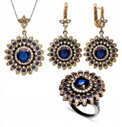 Ottomania Ezüst Ékszer Szett Zafír Cirkónia Virág Szirmok Gravírozás (kpl-073_22r)