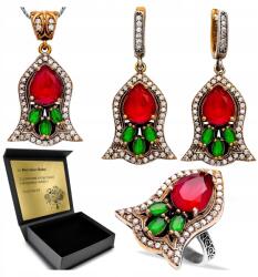 Ottomania Ezüst Ékszer Szett 925 Cirkónia Smaragd Gránát Szett Gravírozás (kpl-022_10r)
