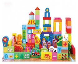 Beilaluna Set de cuburi din lemn pentru construit 100 de piese FERMA ANIMALELOR Farm Animals Blocks (100939)