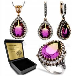 Ottomania Ezüst Ékszer Szett 925 Cirkónia Ametiszt Szett Nőknek Gravírozás (R092_13r)