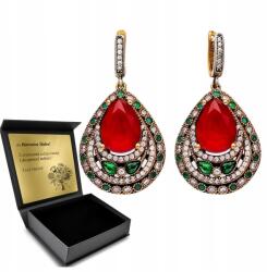Ottomania Keleti Nagy Ezüst Fülbevaló Rubin Smaragd Cirkóniákkal Gravírozás (kpl-059k)