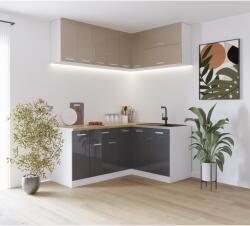 KringX Harmony Sarok konyhabútor szett, 9 modul, 120/200x195x60 cm, MDF ajtók, megfordítható összeállítás, csillapító zsanérok, fényes cappuccino/antracit