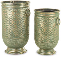 Art-Pol Patinás keleties stílusú arany-zöld 2db-os henger fém váza szett kerek fogantyúkkal 54x33x33 / 46x28x28cm (164751)