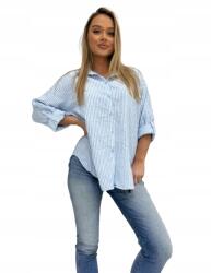  Női laza ing fehér csíkos gallérral, felcsatolható ujjakkal, kék