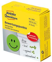 AVERY Etikett AVERY 3858 öntapadó jelölőpont adagoló dobozban mosolygós arc mintás zöld 19mm 250 jelölőpont/doboz (3858)