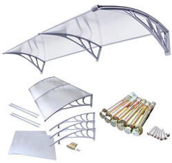 Silver Wing Miko A szokásosnál nagyobb kinyúlású előtető 200x120 szürke keret áttetsző üregkamrás polikarbonát féltető C típusú kar például bejárati ajtó vagy ablakok fölé