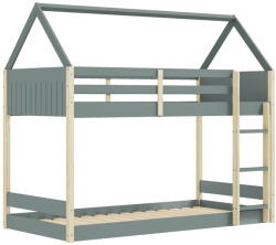 Marckeric Natúr színű-szürkészöld házikó alakú-emeletes gyerekágy ágyráccsal 90x190 cm Valka - Marckeric