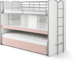 VIPACK Fehér-rózsaszín emeletes ágyneműtartós gyerekágy kihúzható pótággyal, ágyráccsal 90x200 cm Bonny - Vipack