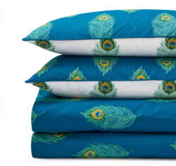 Their Nibs Fehér-kékeszöld kétszemélyes pamut ágyneműhuzat 200x200 cm Peacock Feather - Their Nibs