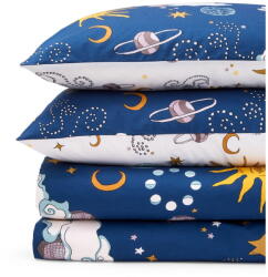 Their Nibs Fehér-kék egyszemélyes pamut ágyneműhuzat 135x200 cm Disco Space - Their Nibs