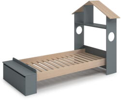 Marckeric Natúr színű-szürkészöld ágyneműtartós házikó alakú gyerekágy ágyráccsal 90x190 cm borovi fenyő dekorral Odessa - Marckeric