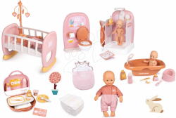 Smoby Set păpușa în șalopetă în baie înainte de somn Doll Baby Nurse Smoby cu wc și duș funcțional cu valiză de înfășat și leagăn (SM220105-6) Papusa