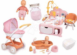 Smoby Set păpușă în șalopetă în camera copilului în căsuță Doll Baby Nurse Smoby electronică cu sunete și cădiță cu scutece și sac de dormit cu biberon (SM220105-11) Papusa