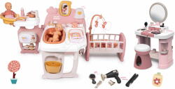 Smoby Set căsuță pentru păpușă cu trei părți și măsuță cosmetică cu scăunel Large Doll´s Play Center Soft Baby Nurse Smoby și coafeză cu uscător electric de păr SM220394-16 (SM220394-16) Papusa