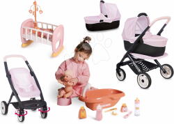 Smoby Set cărucior combinație triplă cu pătuț și carusel Puschair Pink Maxi Cosi&Quinny Smoby și cădiță cu oliță și biberon (SM253121-6)
