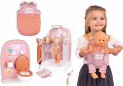 Smoby Set păpușa în șalopetă cu duș funcțional și wc Doll Baby Nurse Smoby cu baie și marsupiu cu sac de dormit (SM220105-2) Papusa