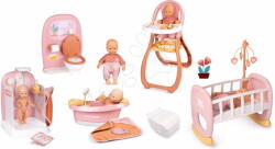 Smoby Set păpușa în șalopetă cu baie Doll Baby Nurse Smoby cu wc și cădiță cu duș funcțional, leagăn cu scutece și sac de dormit (SM220105-4) Papusa