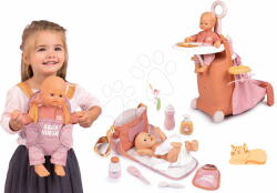 Smoby Set păpușa în șalopetă în vizită în maruspiu Doll Baby Nurse Smoby cu valiză de înfășat cu pătuț și geantă cu scutec și biberon (SM220105-8) Papusa