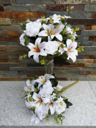  Rózsa + Liliom 12 fejes vegyes selyemvirág csokor 35 cm - Hófehér