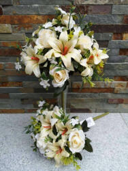  Rózsa + Liliom 12 fejes vegyes selyemvirág csokor 35 cm - Vanília