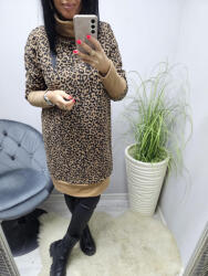  Csinos garbós nyakú ocelotmintás ujján és alján passzés tunika (barna-fekete) (508910)