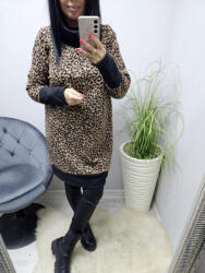  Csinos garbós nyakú ocelotmintás ujján és alján passzés tunika (fekete-barna) (335089)