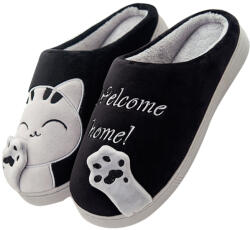 Meleg plüss papucs, Fekete Cica, Size 42-43, gumi talp, szőrmével bélelt (KASAXMTX)