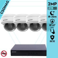 Hikvision 4 dome kamerás IP megfigyelőrendszer 2MP HD dome biztonsági kamera, 2.8 mm-es fix objektívvel, PoE, P2P, kültéri, fém ház, vandálbiztos (DS7104NIQ14PM-DS2CD1121I28MMF-DOME-4)