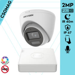 Hikvision 1 turret kamerás analóg megfigyelőrendszer 2MP biztonsági kamera, IR megvilágítás 40 m, fehér fény 20 m, beépített mikrofon, kültéri (DS7104HGHIM1T-DS2CE78D0TLFS28MM-TURRET-1)