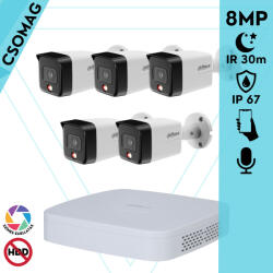 Dahua 5 cső kamerás IP megfigyelőrendszer 8MP cső biztonsági kamera, 2.8 mm-es fix objektívvel, PoE, beépített mikrofonnal, hibrid megvilágítással, fém ház, kültéri (NVR21088PS3-IPCHFW1839TCPAIL0280BS6-KOMP