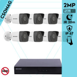 Hikvision 8 cső kamerás IP megfigyelőrendszer 2MP HD cső biztonsági kamera, 2.8 mm-es fix objektívvel, PoE, beépített mikrofonnal, IR LED 30m, kültéri, fém ház (DS7108NIQ18PM-DS2CD1021I28F-KOMPAKT-8)