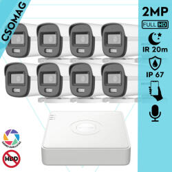 Hikvision 8 cső kamerás analóg megfigyelőrendszer 2MP biztonsági kamera, ColorVu Dual-light látható fény 20m, beépített mikrofonnal, kültéri (DS7108HGHIM1T-DS2CE10DF0TLFS28MM-KOMPAKT-8)