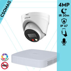 Dahua 1 turret kamerás IP megfigyelőrendszer 4MP HD turret biztonsági kamera, 2.8 mm-es fix objektívvel, PoE, beépített mikrofonnal, színes éjszakai kép, kültéri (NVR2104PS3-DHIPCHDW1439VPAIL0280B-TURRET-1)