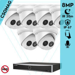 Hikvision 6 turret kamerás IP megfigyelőrendszer 8MP turret biztonsági kamera, 2.8 mm-es fix objektívvel, PoE, IR LED 30m, beépített mikrofonnal, fém ház, kültéri (DS7608NXIK18PD-DS2CD2383G2IU28-TURRET-6)